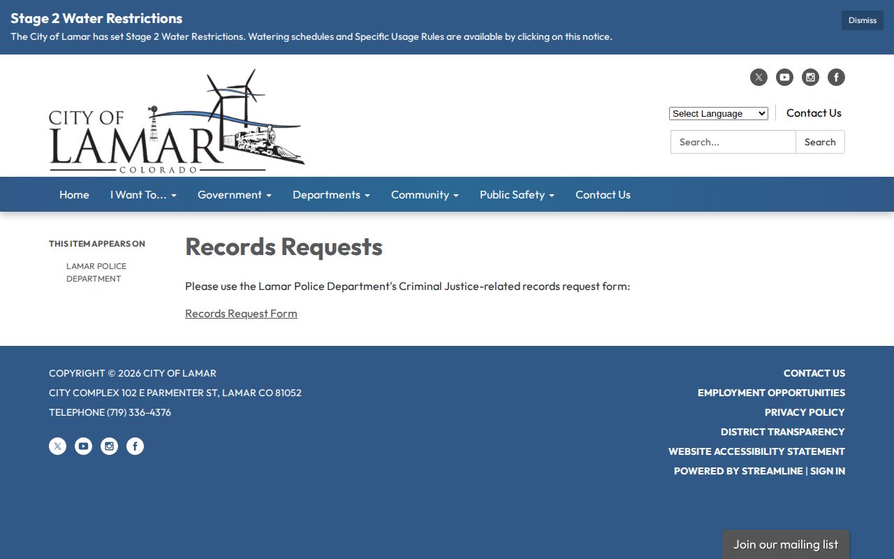 Lamar Police official arrest record request page in Prowers County