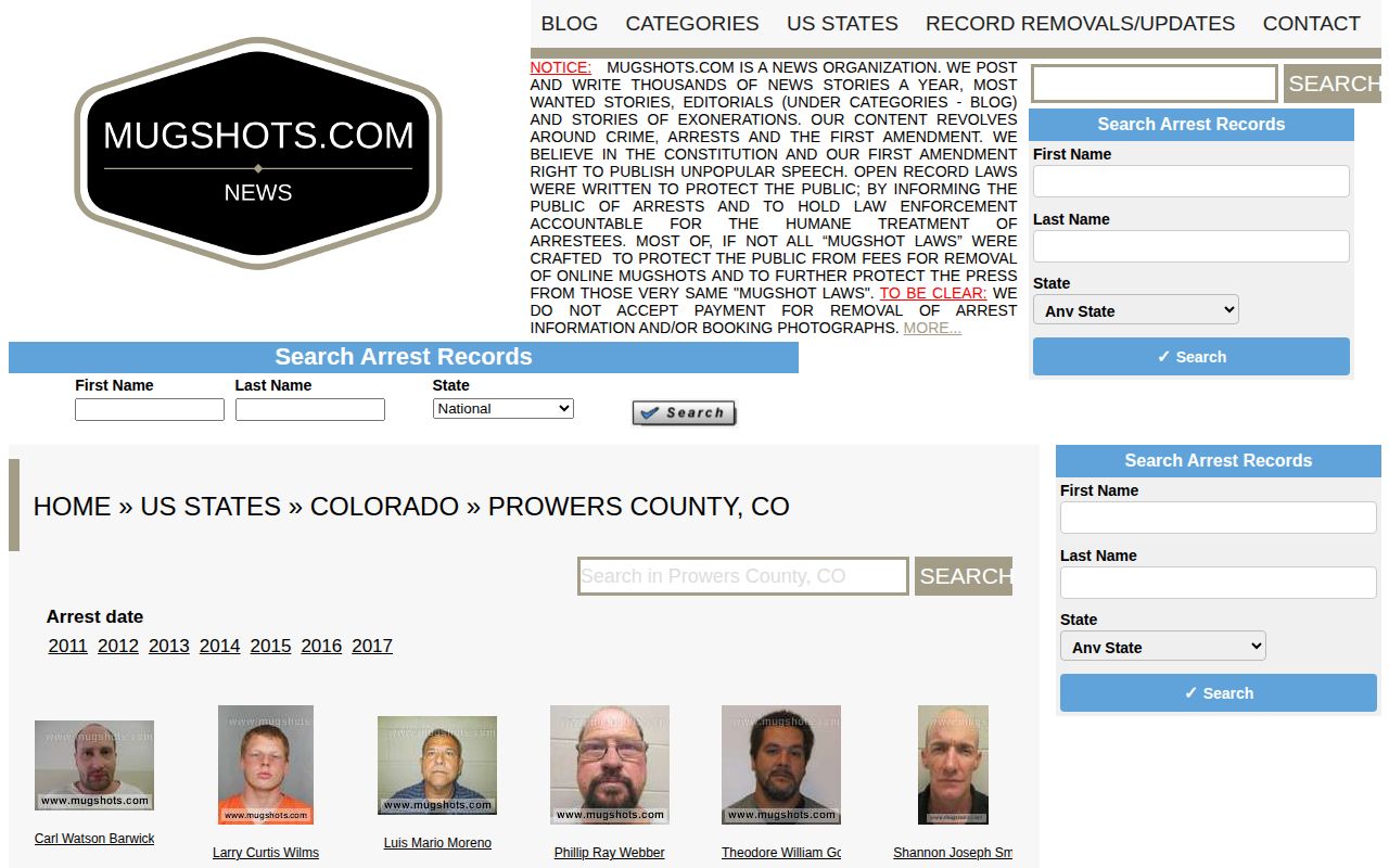 Historical unofficial Prowers County mugshot archive page
