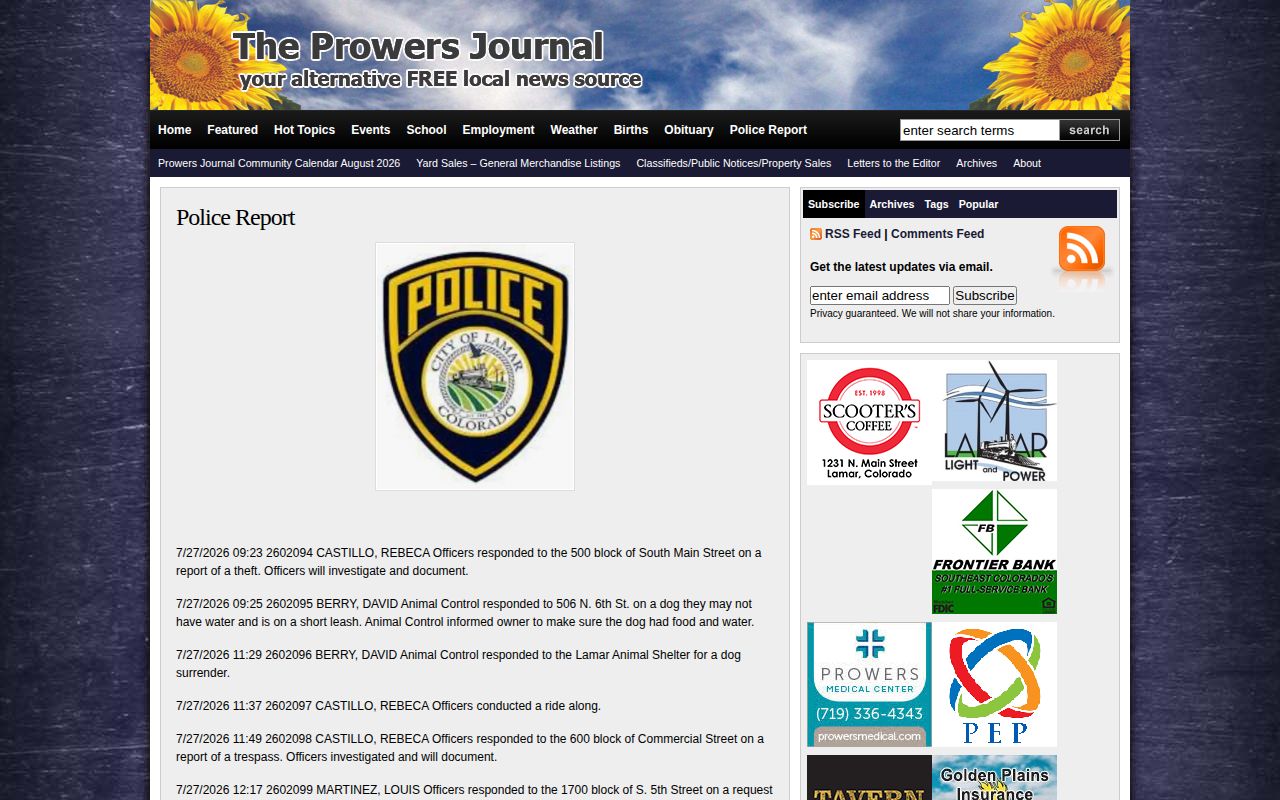 Prowers County arrest news Police Report page