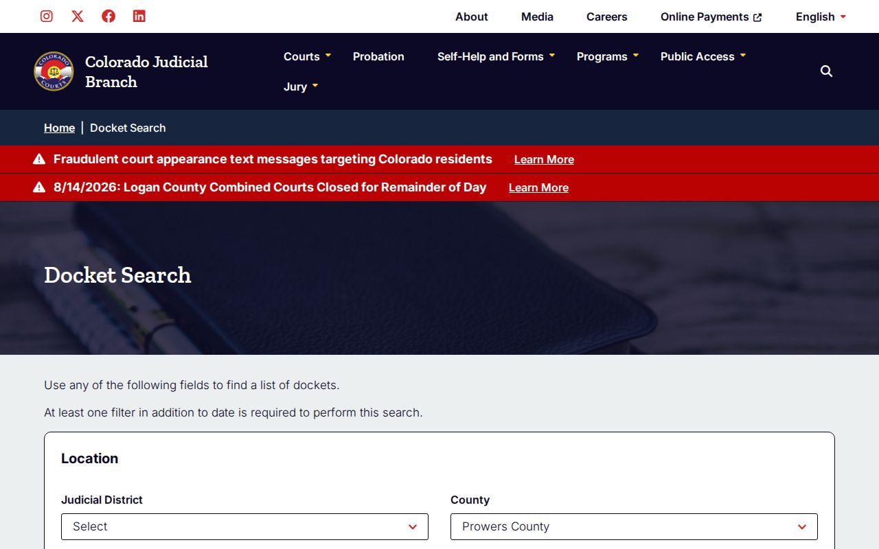 Prowers County arrest case docket search interface