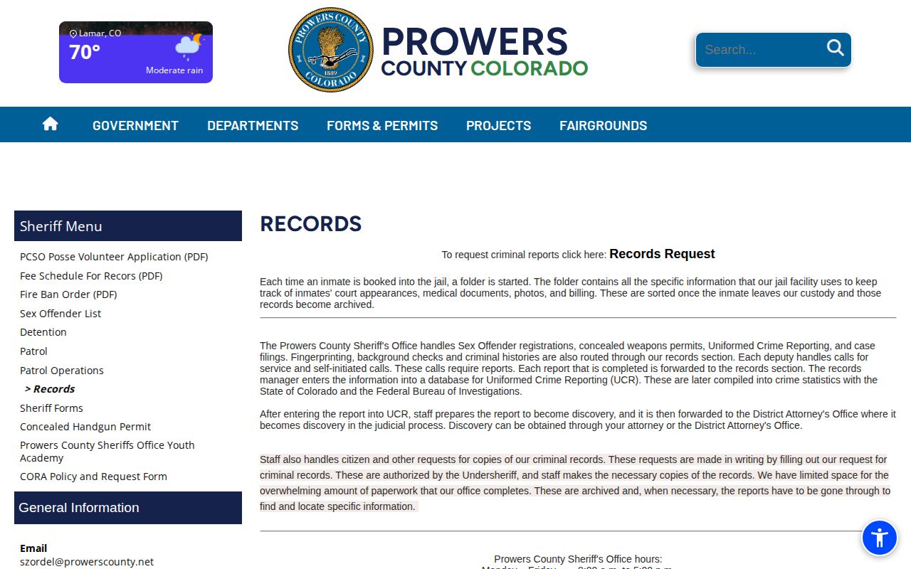 Prowers County Sheriff booking photo and archived record policy page